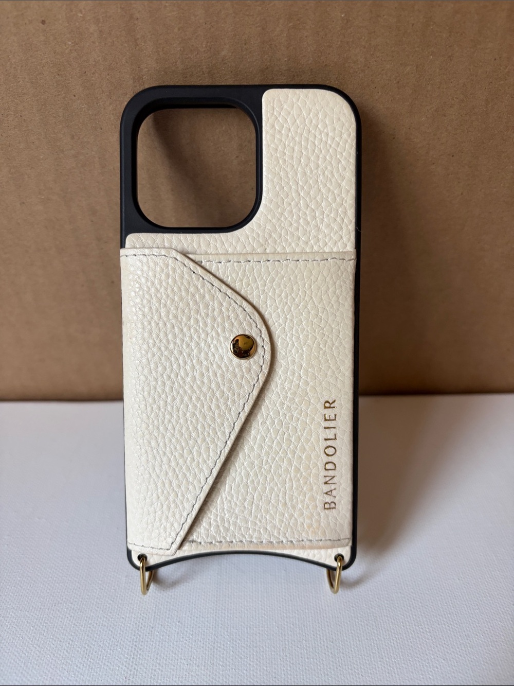 Bandolier Cream Leather Card Wallet Phone Case with Gold Hardware